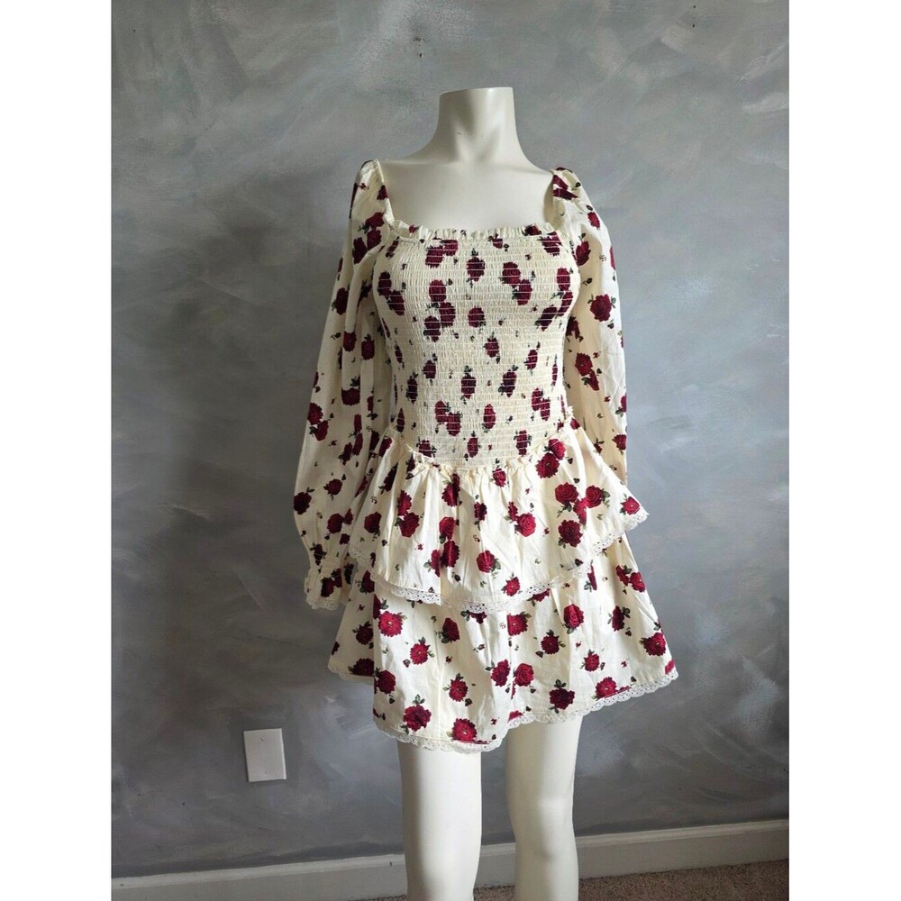 Romantic Flirty Tiered Lace Trim Rose Print Smocked Bodice Off Shoulder Sz M